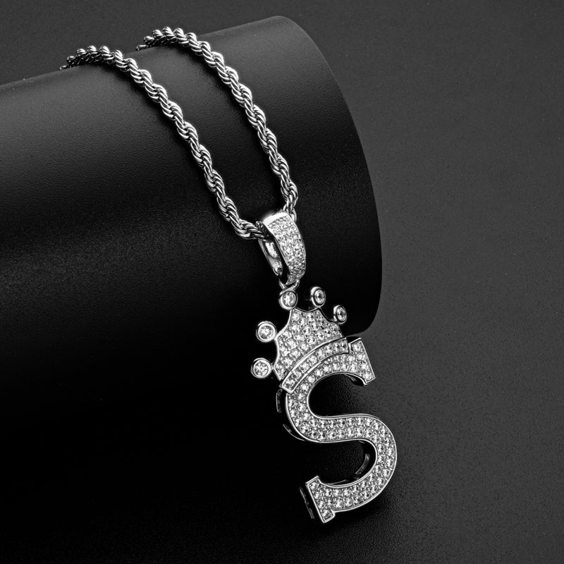 925 Sterling Silver Created CZ Hip Hop Micro Pave The Letter S Pendant Necklace