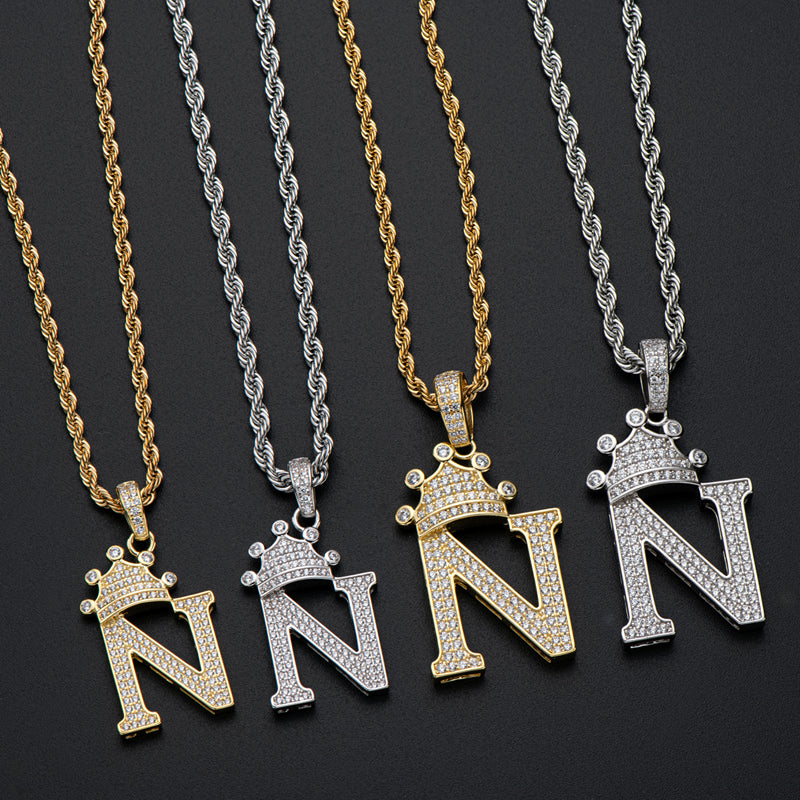 925 Sterling Silver The Letter N Created CZ Crown Hip Hop Rope Chain Pendant Necklace