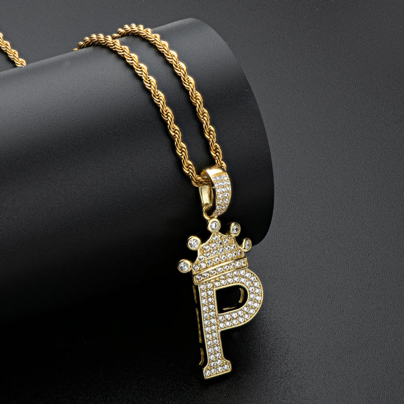 925 Sterling Silver Round Cut Created CZ Hip Hop Micro Pave The Letter P Pendant Necklace