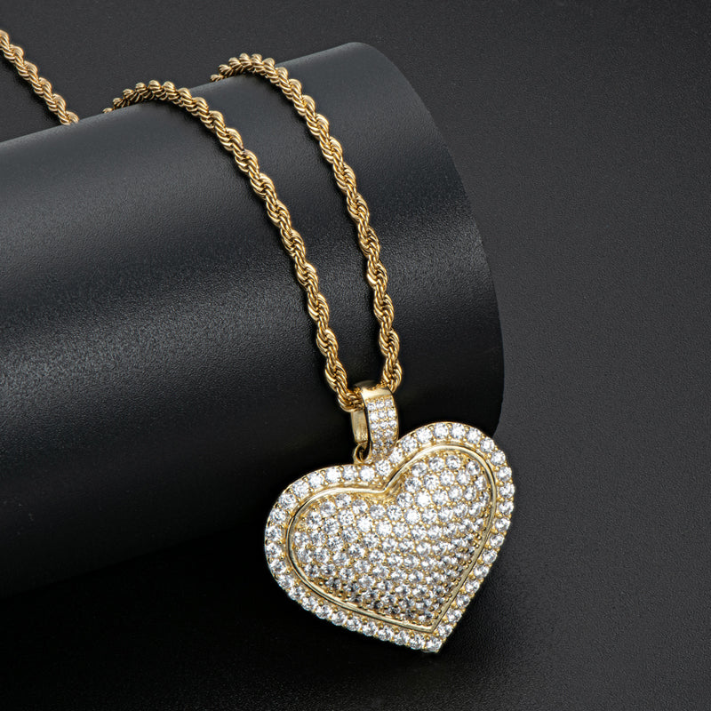 925 Sterling Silver Created CZ Heart Shaped Long Chain Hip Hop Pendant Necklace