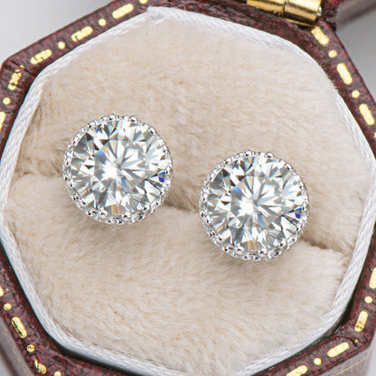 925 Sterling Silver Vintage Crown Round Cut CZ Halo Stud Earrings