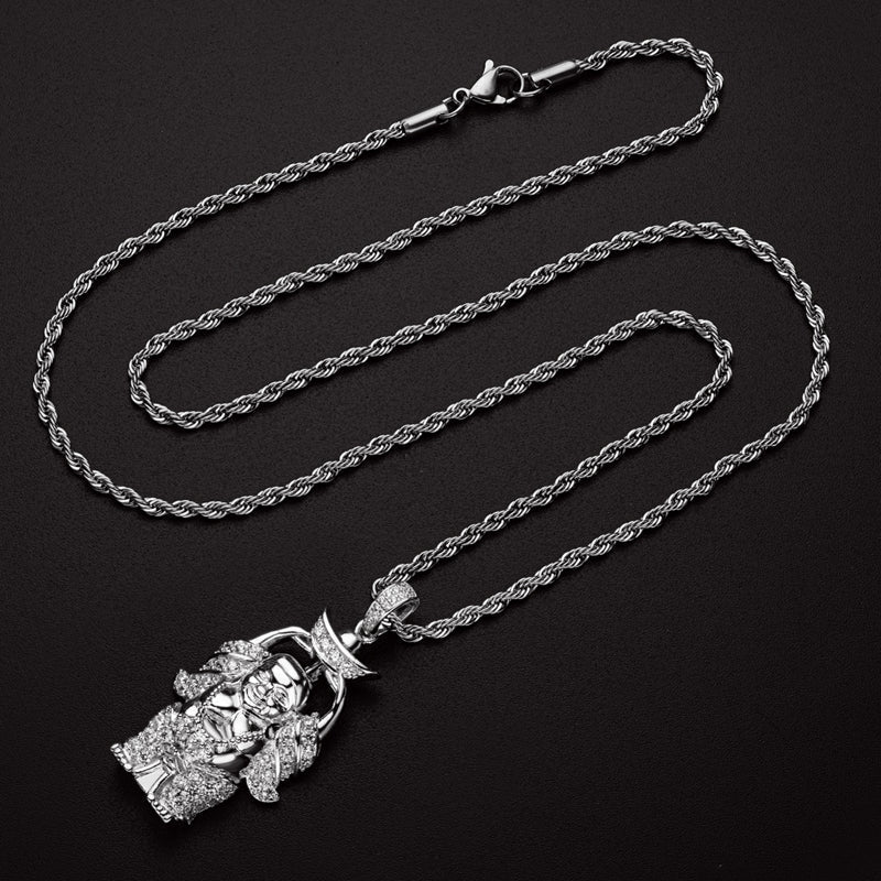 925 Sterling Silver Created Diamond Religion Buddha Statue Rope Chain Pendant Necklace