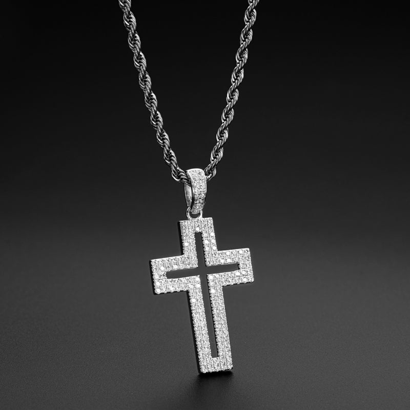 925 Sterling Silver Created Diamond Personalized Cross Hollow Pendant Necklace