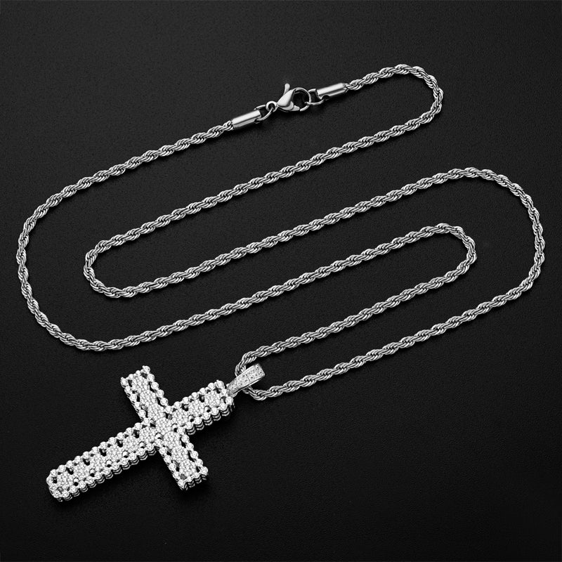 925 Sterling Silver Round Cut Created Diamond Personalized Cross Hip Hop Pendant Necklace 23.62''