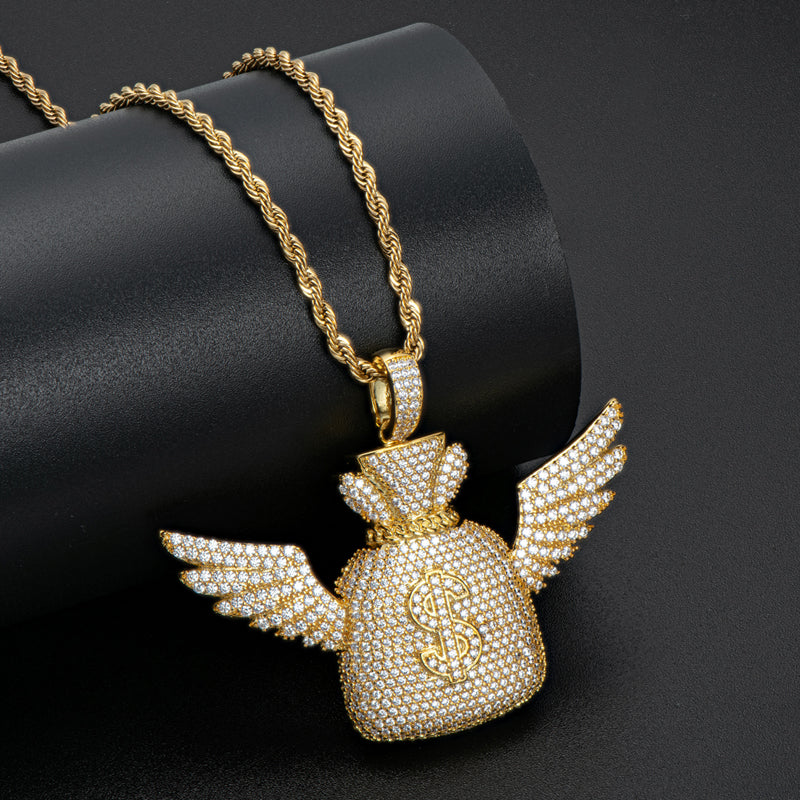 925 Sterling Silver Created Diamond Wallet With Wings Pendant Necklace