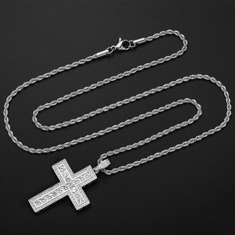 925 Sterling Silver Round Cut Created Diamond Hip Hop Charm Cross Pendant Necklace