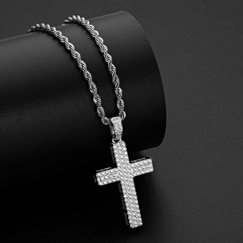 925 Sterling Silver Round Cut Created CZ Hip-Hop Cross Pendant Necklace