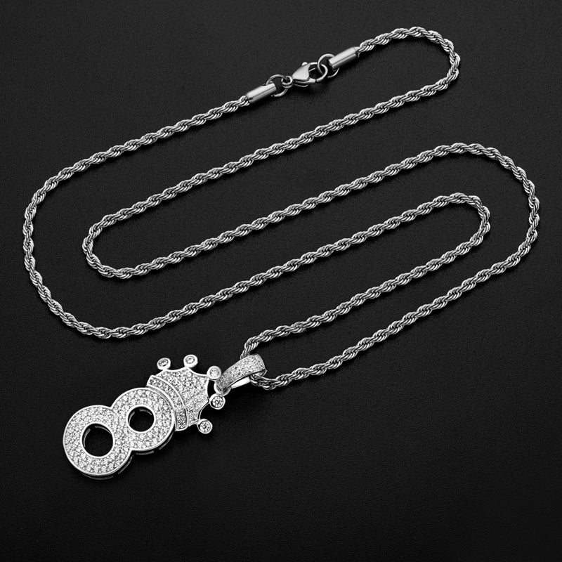 925 Sterling Silver Number 8 Created CZ Hip Hop Long Chain Pendant Necklace