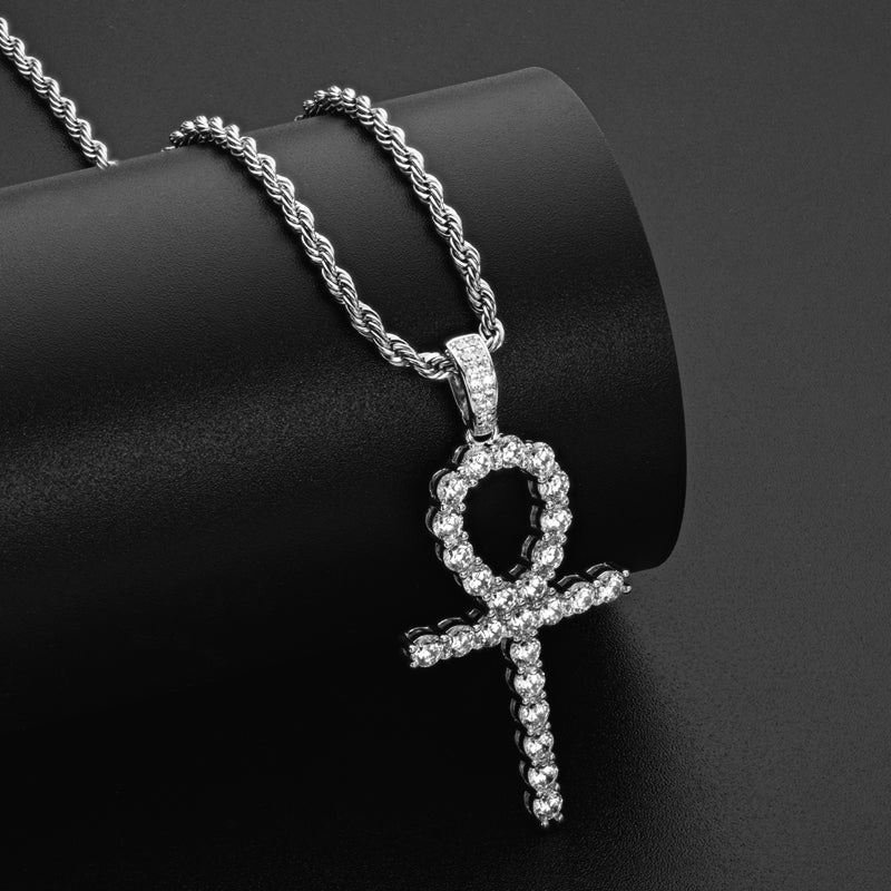 925 Sterling Silver Created CZ Cross Hip Hop Rope Chain Pendant Necklace