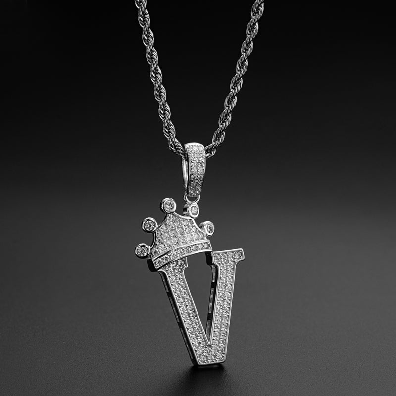 925 Sterling Silver Created CZ Hip Hop Micro Pave The Letter V Pendant Necklace