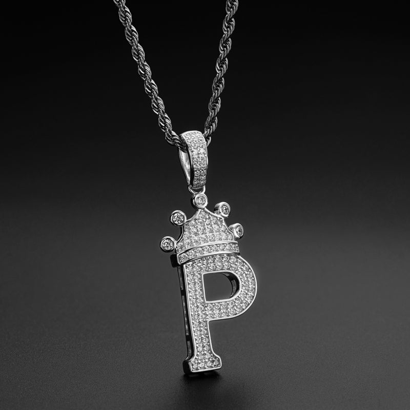 925 Sterling Silver Round Cut Created CZ Hip Hop Micro Pave The Letter P Pendant Necklace