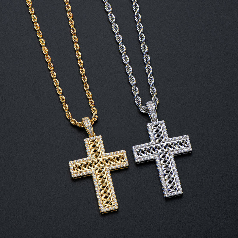 925 Sterling Silver Created Diamond Cross Hip Hop Long Chain Luxury Pendant Necklace