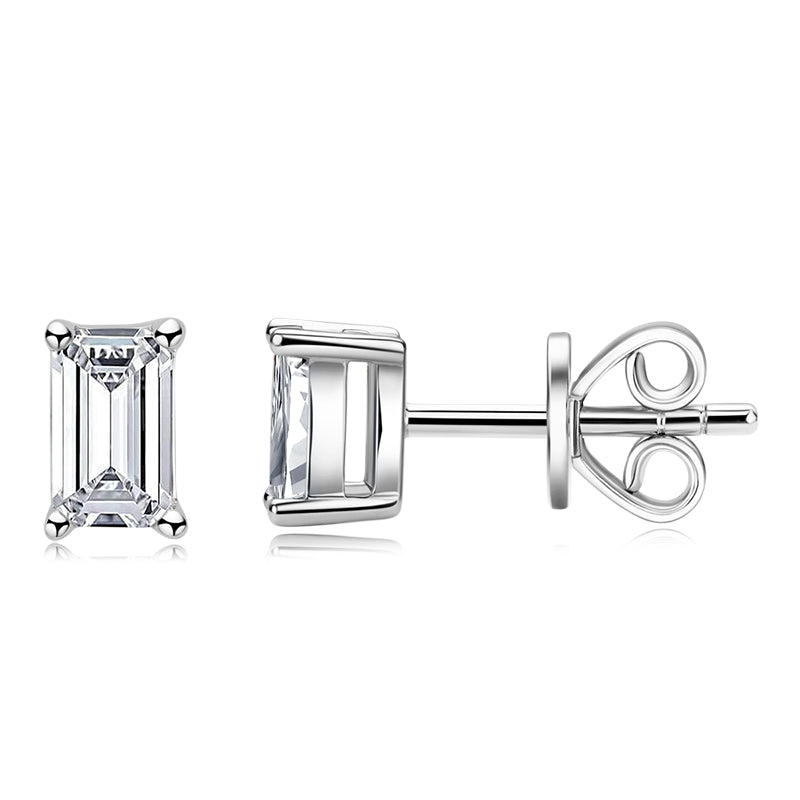 925 Sterling Silver Solitaire Emerald Cut Moissanite Stud Earrings