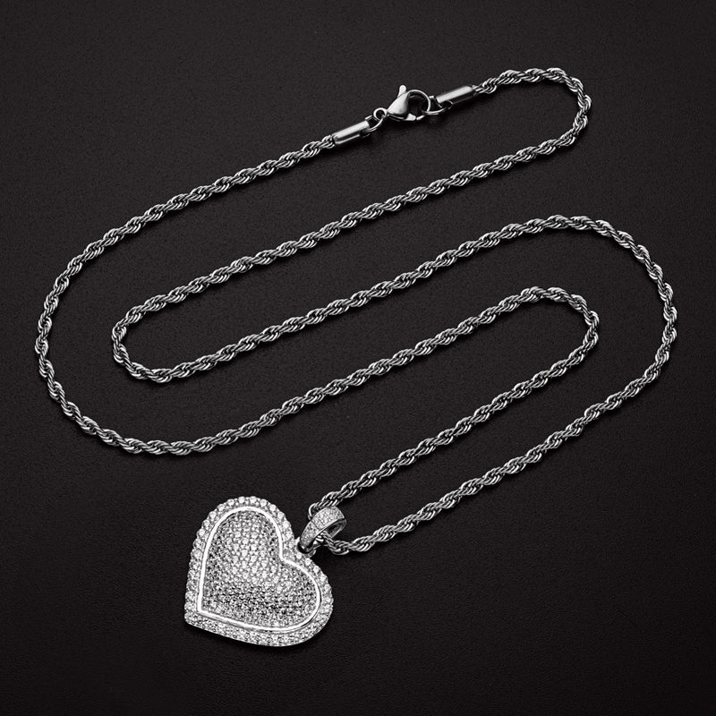 925 Sterling Silver Created Diamond Heart Shaped Hip Hop Pendant Necklace