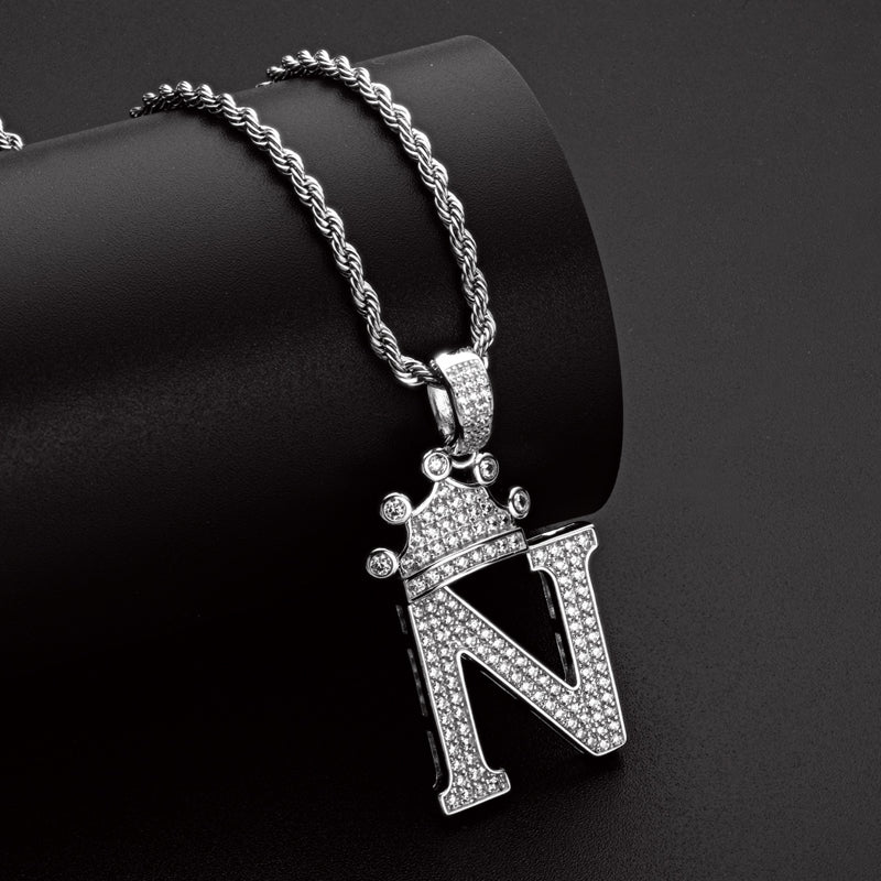 925 Sterling Silver The Letter N Created CZ Crown Hip Hop Rope Chain Pendant Necklace