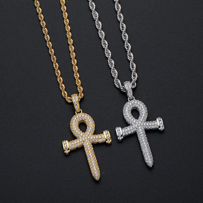 925 Sterling Silver Created Diamond Cross Hip Hop Rope Chain Pendant Necklace