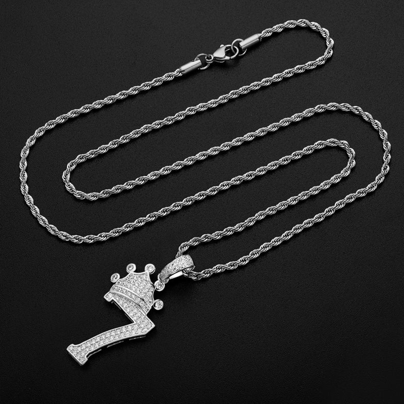 925 Sterling Silver Number 7 Created Diamond Hip Hop Long Chain Pendant Necklace