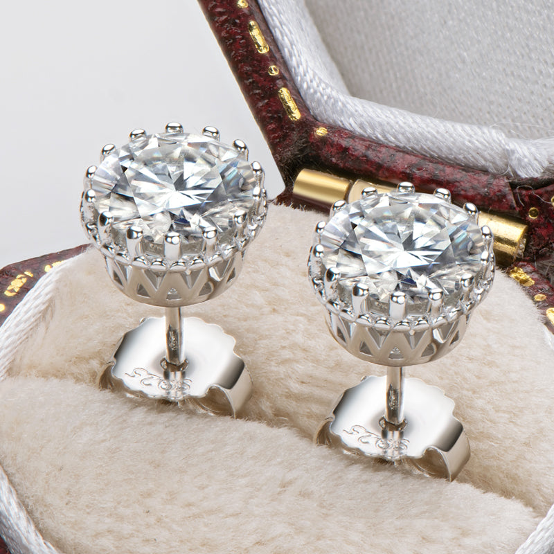 925 Sterling Silver Vintage Crown Round Cut CZ Halo Stud Earrings