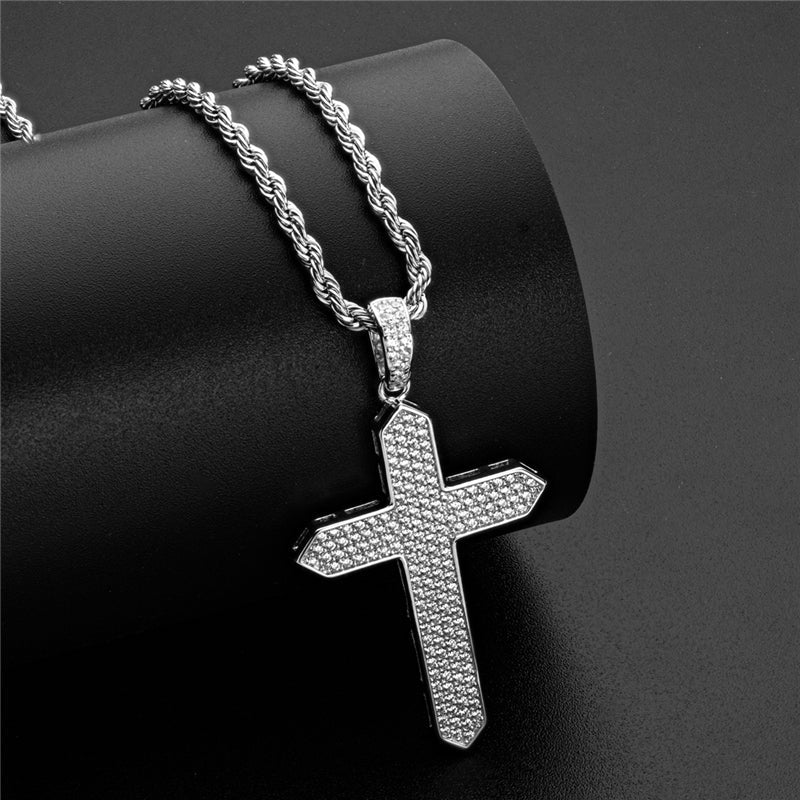 925 Sterling Silver Created CZ Cross Hip Hop Long Chain Pendant Necklace