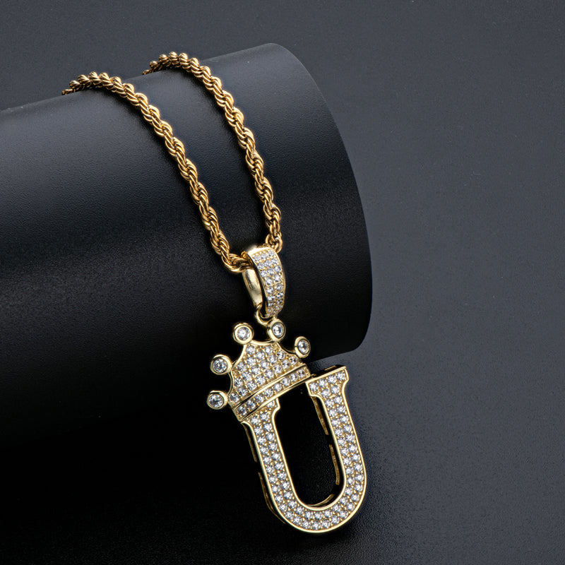 925 Sterling Silver Created Diamond Hip Hop Micro Pave The Letter U Pendant Necklace