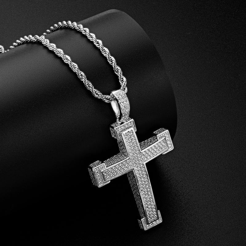 925 Sterling Silver Three Rows Round Cut Created CZ Cross Pendant Necklace