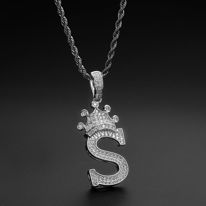 925 Sterling Silver Created CZ Hip Hop Micro Pave The Letter S Pendant Necklace