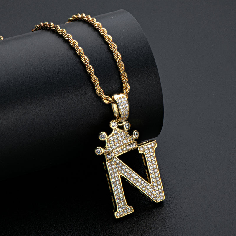 925 Sterling Silver The Letter N Created CZ Crown Hip Hop Rope Chain Pendant Necklace