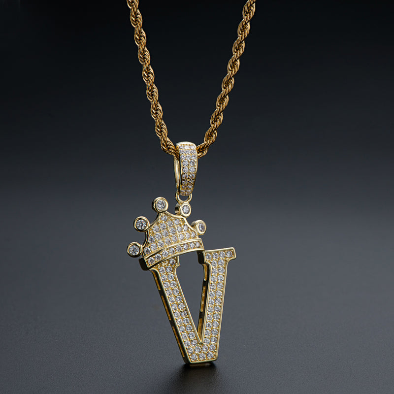 925 Sterling Silver The Letter V Created CZ Crown Hip Hop Rope Chain Pendant Necklace 23.62''