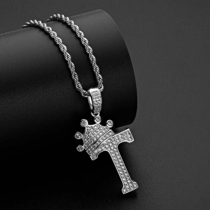 925 Sterling Silver Created Diamond Hip Hop Micro Pave The Letter T Pendant Necklace