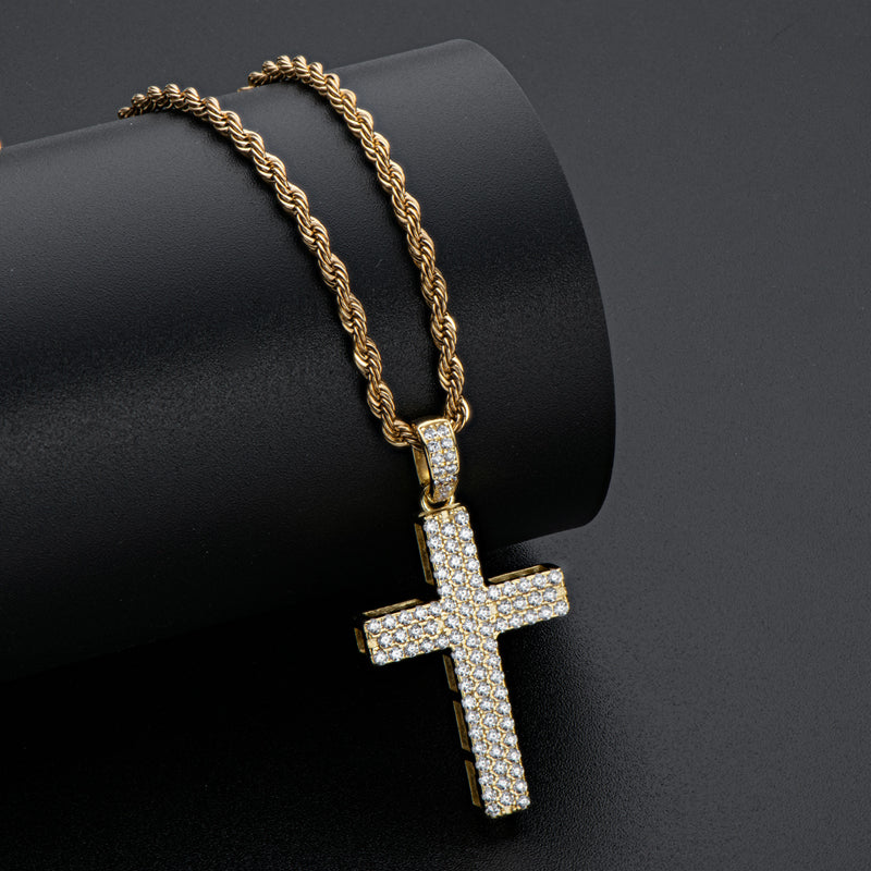 925 Sterling Silver Round Cut Created CZ Hip-Hop Cross Pendant Necklace