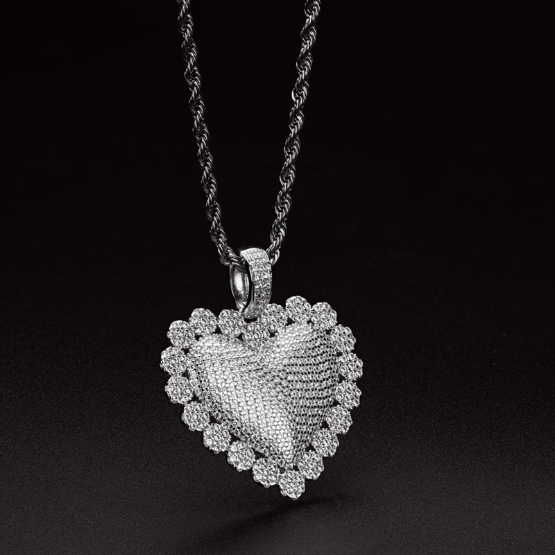 925 Sterling Silver Heart Shaped Luxury Hip Hop Created Diamond Pendant Necklace