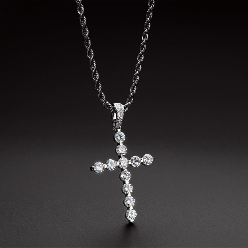 925 Sterling Silver Round Cut Created CZ Cross Pendant Necklace