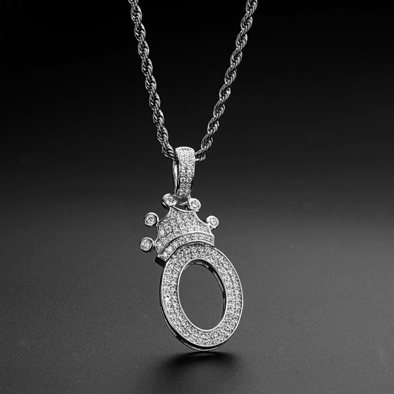 925 Sterling Silver Number 0 Crown Created Diamond Pendant Necklace