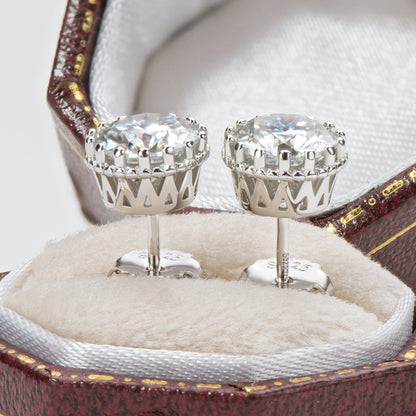 925 Sterling Silver Vintage Crown Round Cut CZ Halo Stud Earrings