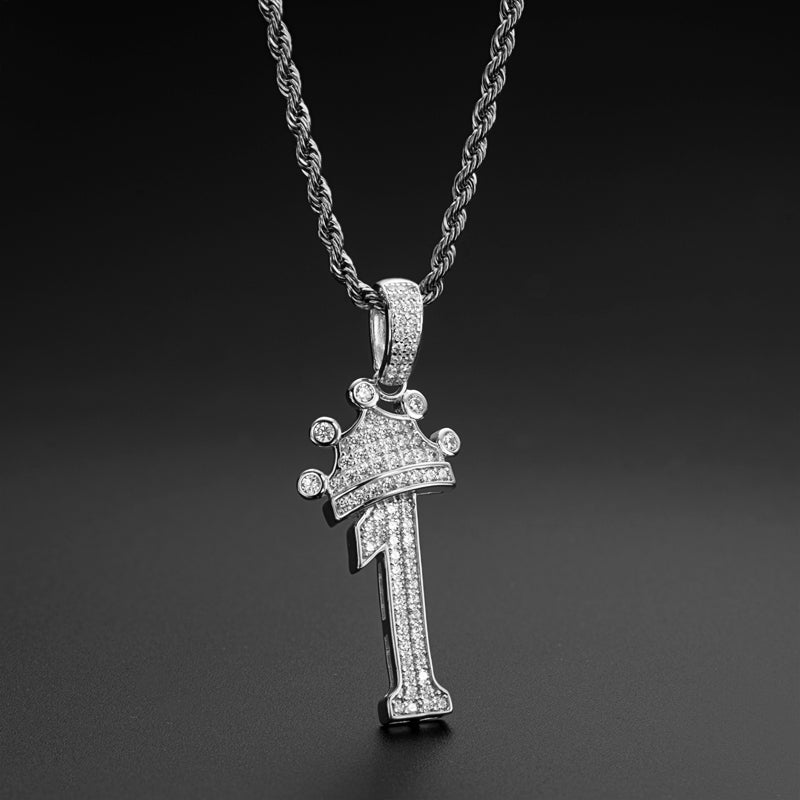 925 Sterling Silver Number 1 Created Diamond Hip Hop Long Chain Pendant Necklace