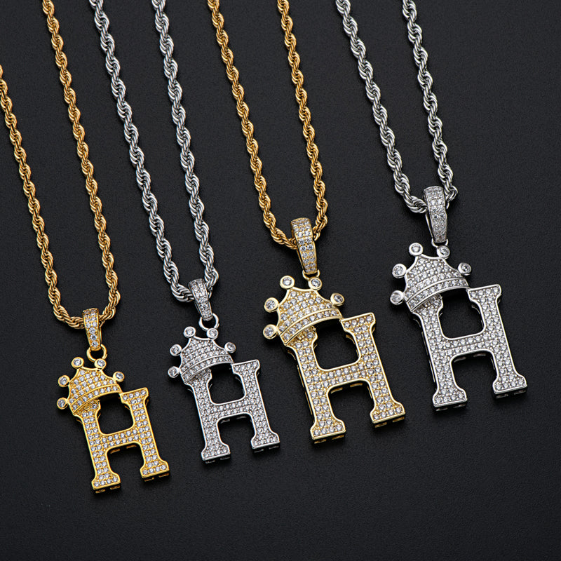 925 Sterling Silver Round Cut Created Diamond Hip Hop Micro Pave The Letter H Pendant Necklace