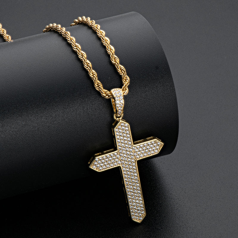 925 Sterling Silver Created CZ Cross Hip Hop Long Chain Pendant Necklace