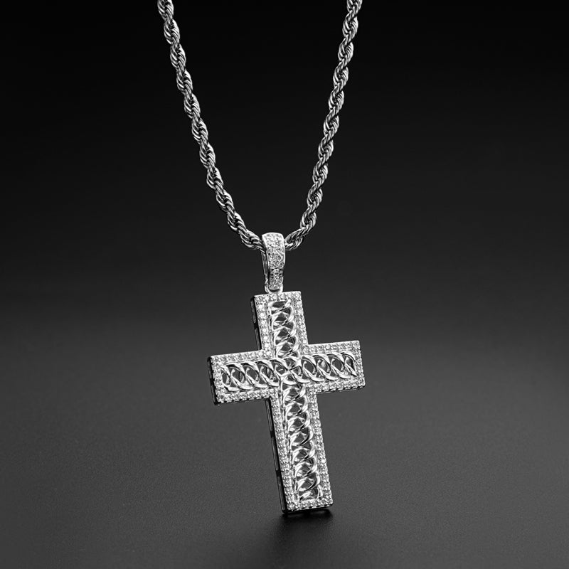 925 Sterling Silver Created Diamond Cross Hip Hop Long Chain Luxury Pendant Necklace