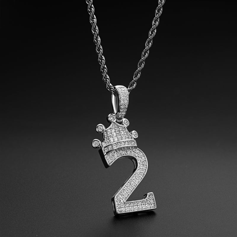 925 Sterling Silver Number 2 Crown Created Diamond Pendant Necklace