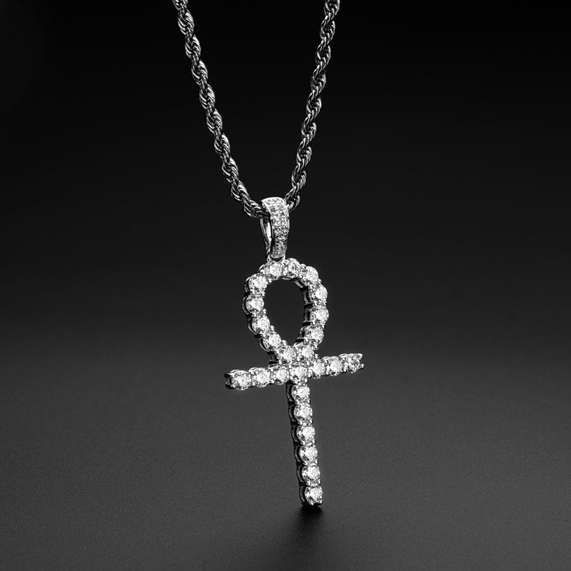 925 Sterling Silver Created CZ Cross Hip Hop Rope Chain Pendant Necklace