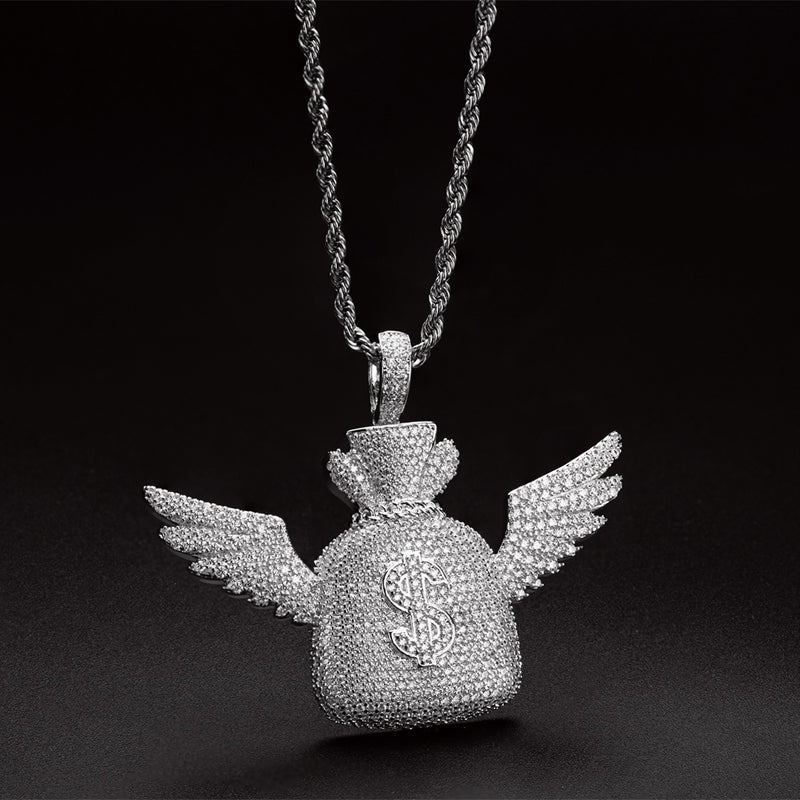 925 Sterling Silver Created Diamond Wallet With Wings Pendant Necklace