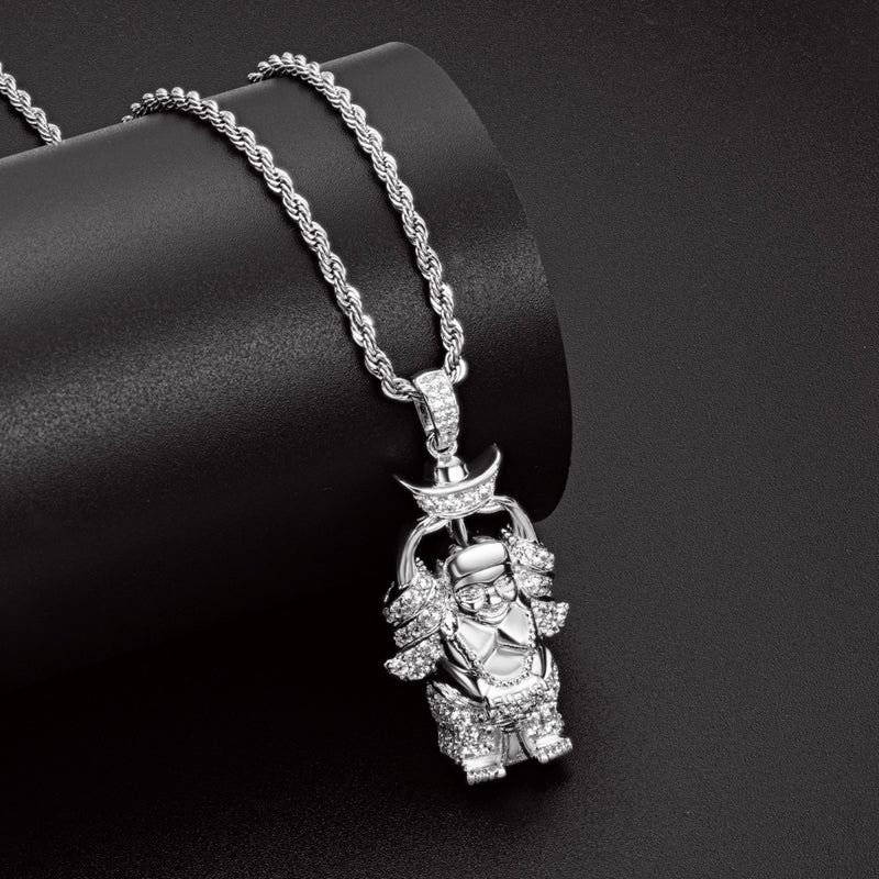 925 Sterling Silver Created Diamond Religion Buddha Statue Rope Chain Pendant Necklace