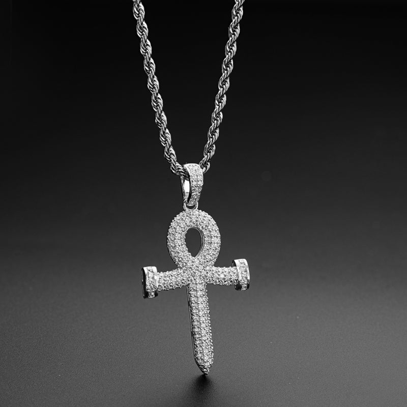 925 Sterling Silver Created Diamond Cross Hip Hop Rope Chain Pendant Necklace