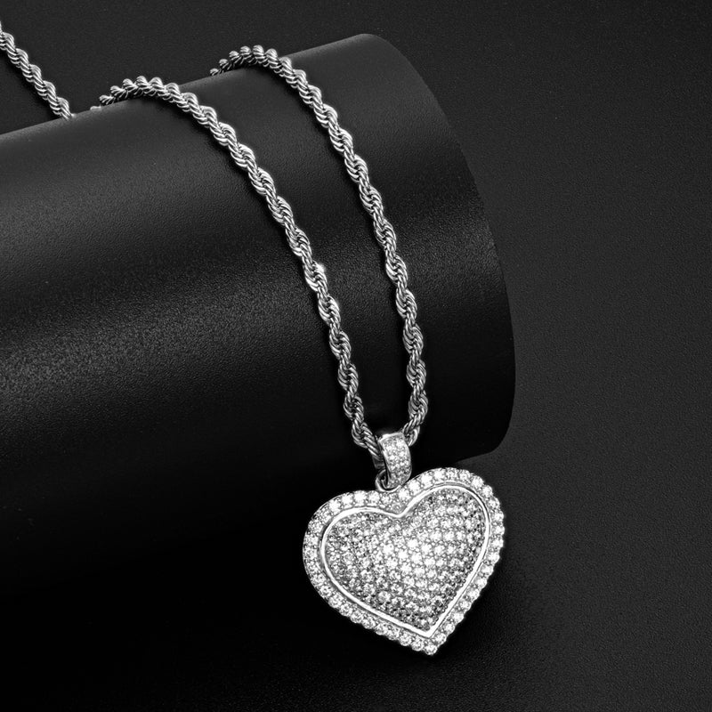 925 Sterling Silver Created Diamond Heart Shaped Hip Hop Pendant Necklace