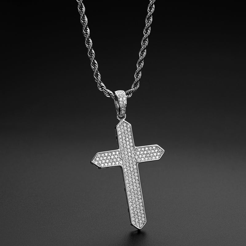 925 Sterling Silver Created CZ Cross Hip Hop Long Chain Pendant Necklace