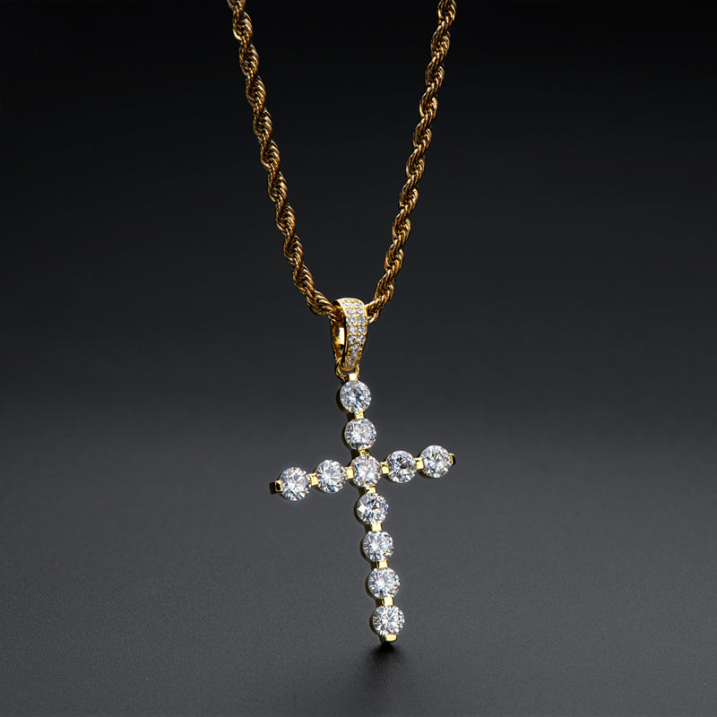 925 Sterling Silver Round Cut Created CZ Cross Pendant Necklace