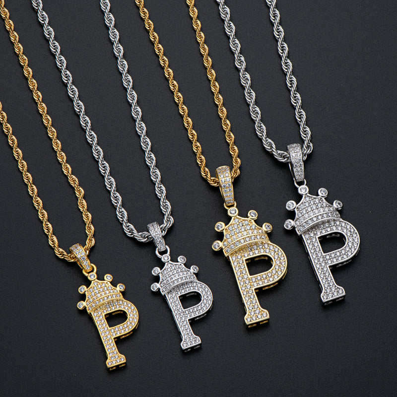 925 Sterling Silver Round Cut Created CZ Hip Hop Micro Pave The Letter P Pendant Necklace