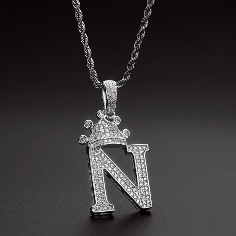 925 Sterling Silver The Letter N Created CZ Crown Hip Hop Rope Chain Pendant Necklace