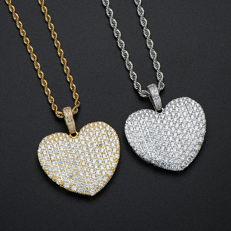 925 Sterling Silver Created Heart Shaped Rope Chain Hip Hop Pendant Necklace