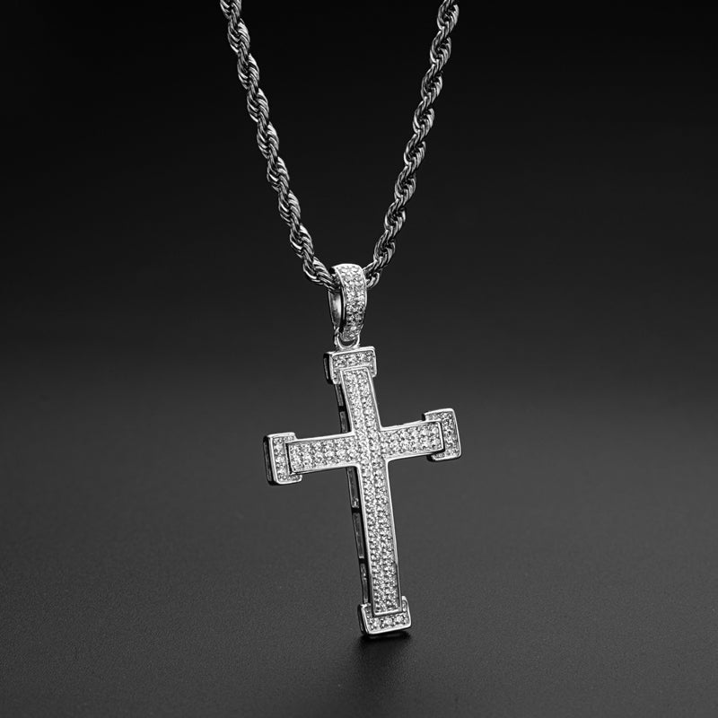 925 Sterling Silver Personalized Cross Created CZ Hip Hop Charm Pendant Necklace